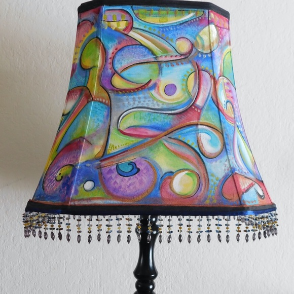 Large Hand Painted 360 Degrees Abstract Beaded Lg Square Lampshade - Picture 6 of 10